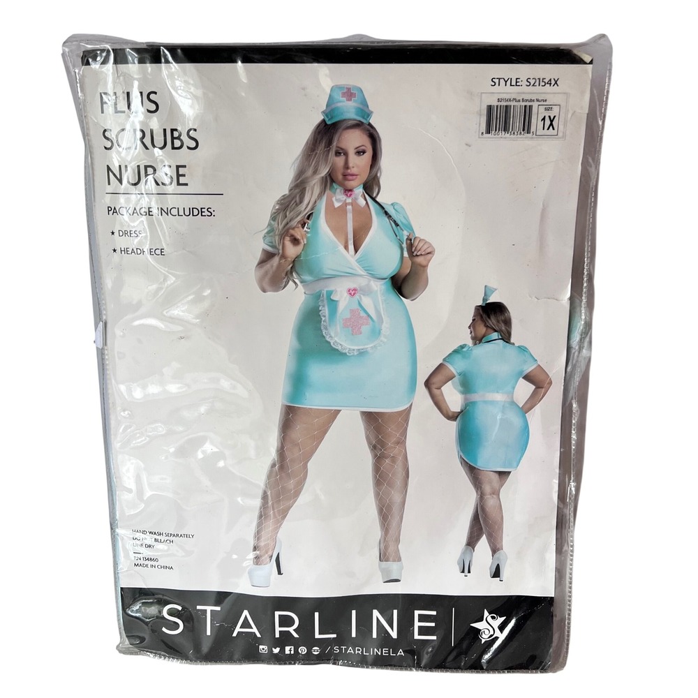 Starline Plus Scrubs Nurse Costume Aqua Blue Dress‎ Headpiece Womens 1X NEW